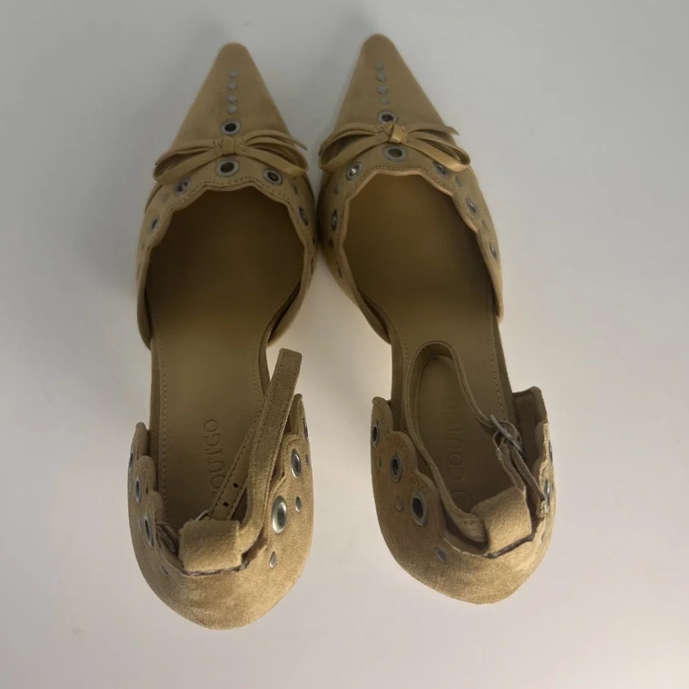 Coutgo Nude Suede Eyelet Bow Stiletto Heels Pointed Toe‎ Ankle Strap Size 8 NWB